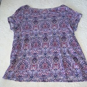 J Jill Love Linen Medium Purple Paisley 100% Linen Short Sleeve Blouse Boho